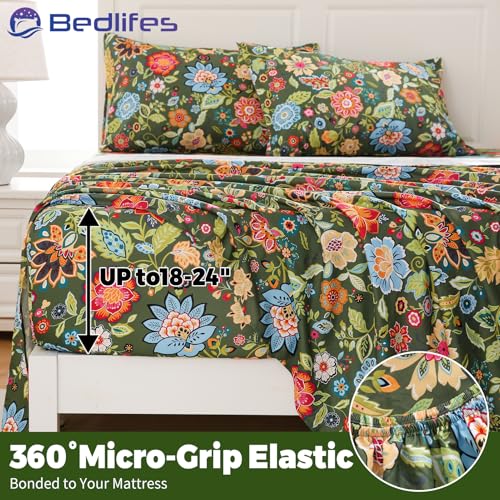 Image of Bedlifes Extra Deep Pocket 18-24 inch King 4-Piece Sheet Set - Cooling Sheets Blend Rayon Derived from Bamboo Soft & Breathable Floral Dark Green