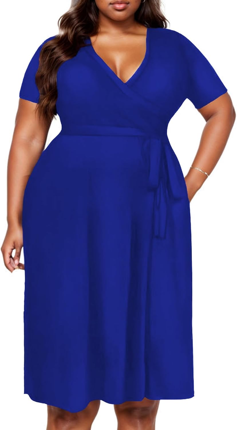 Women's Plus Size Midi Wrap Dresses Summer Short Sleeve Flowy Swing Beach Dress with Belt and Pockets - Image 3