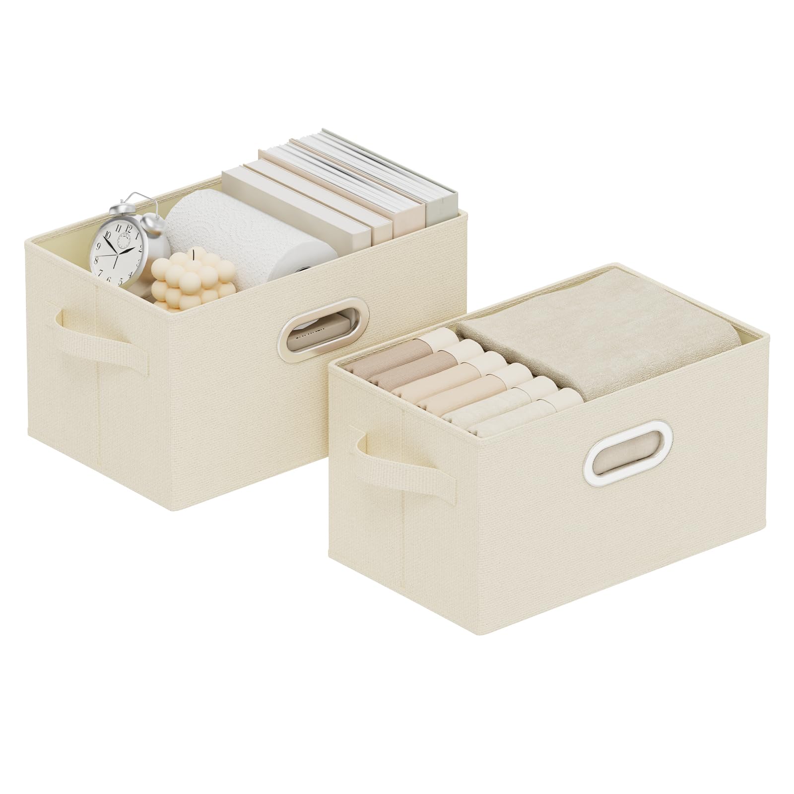 Scatole di Stoccaggio con Maniglia, Organizer Armadio Aperto, Cesto Portaoggetti in Tessuto Pieghevole, Adatto per Camere da Letto, Soggiorni, Sale Studio, Set di 2, 33x23x20cm, Beige