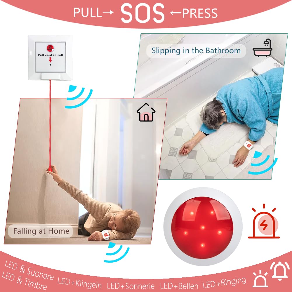 Kit Allarme Salvavita per Anziani e Disabili | Campanello di Chiamata Emergenza per Casa, Bagno, WC - 1 Pulsante a Tirante, 1 Pulsante da Polso, 1 Suoneria