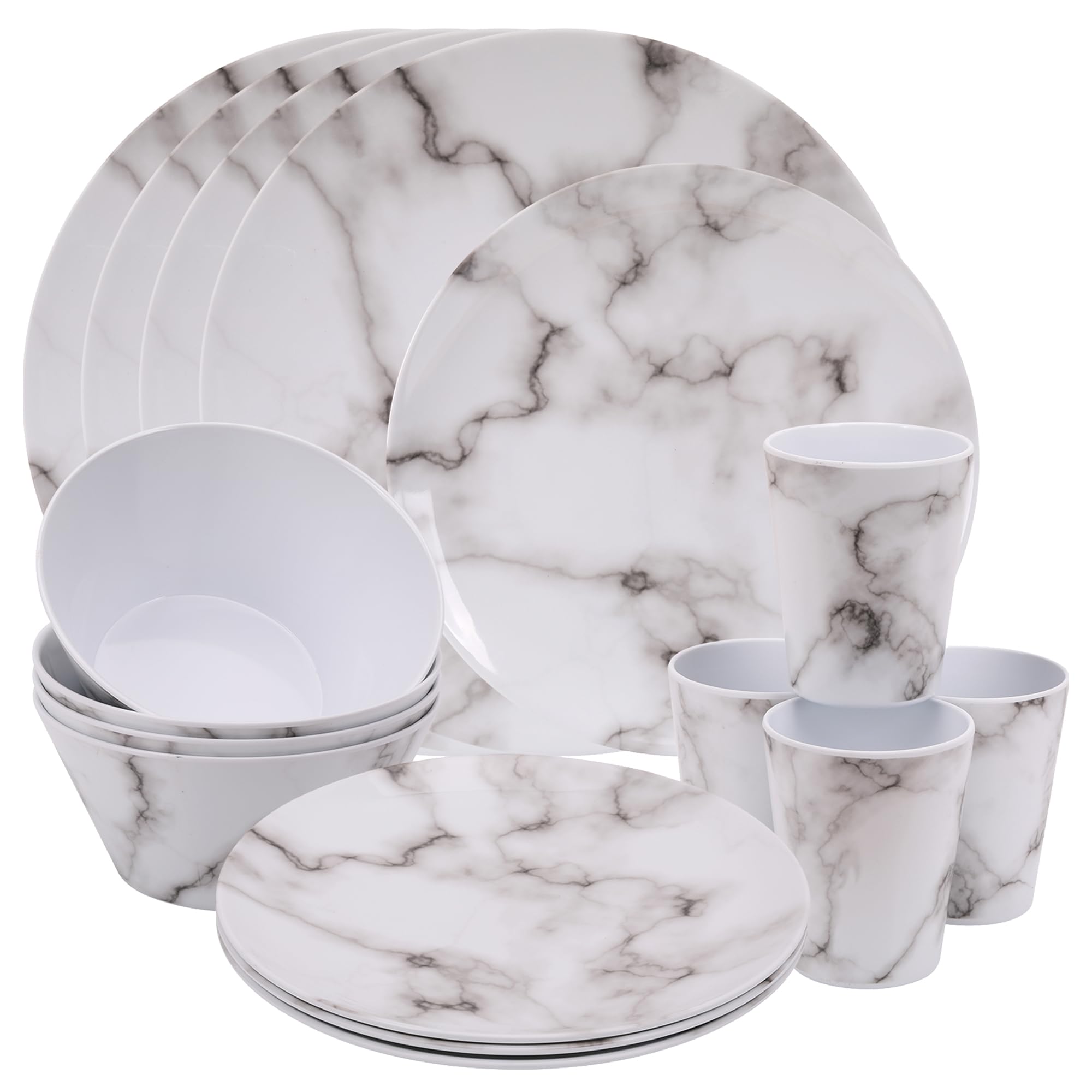 Trimming Shop 16pcs Melamine Dinner Set | Plates, Dessert Plates, Bowls & Cups | Marble Dining Set | Party Dinnerware | Service for 4 | Reusable Dinnerware Set for Indoor, Outdoor, Picnic & Camping