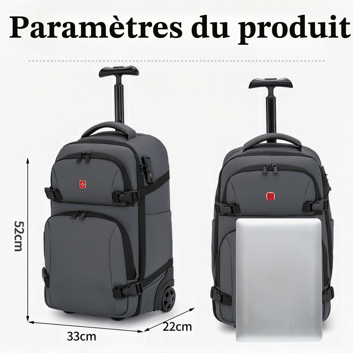 Sac à Dos à Roulettes pour Ordinateur Portable, Sac a Dos Voyage Antivol pour Voyage/Affaires/Université/Femme/Homme