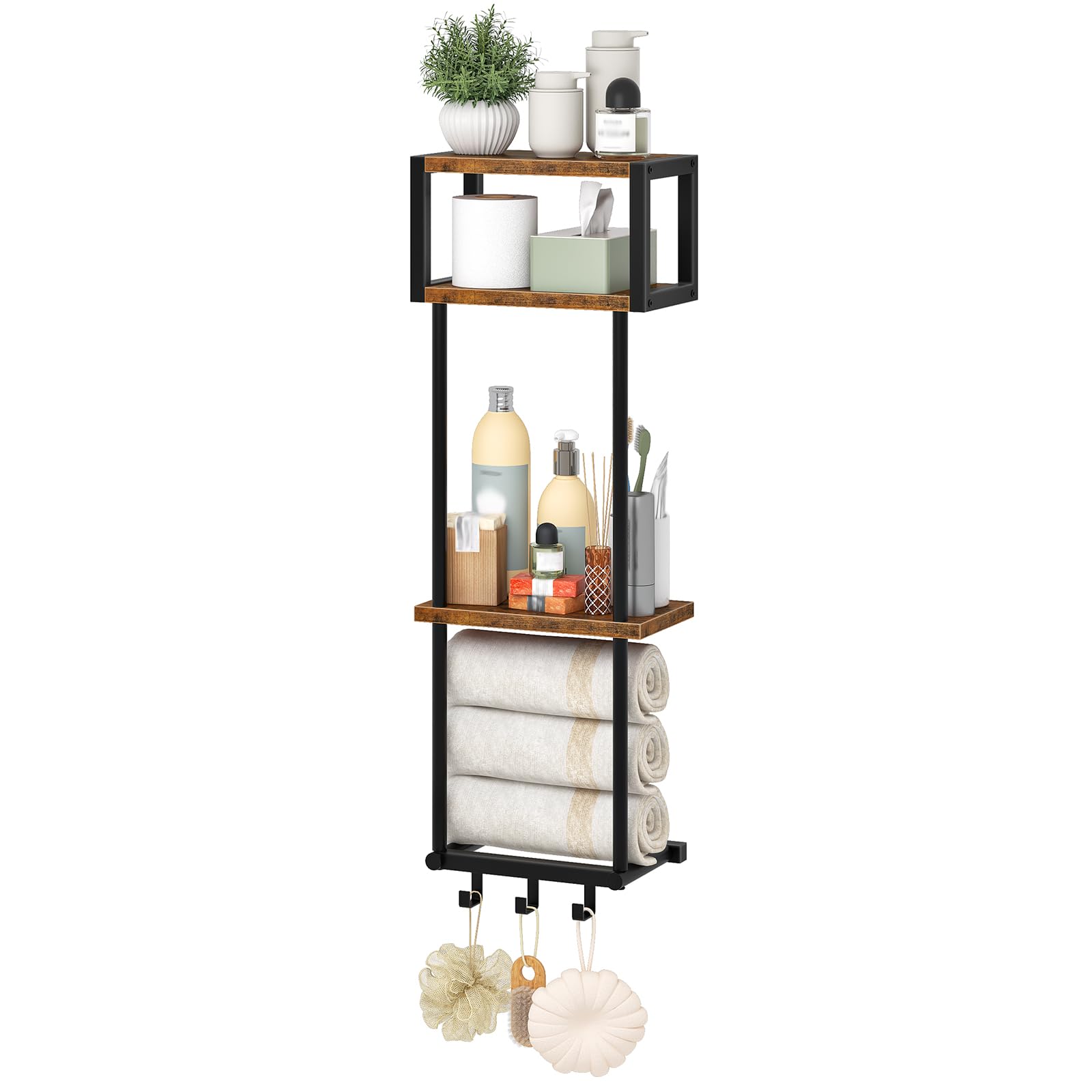 HOOBRO Towel Rail Wall Mounted, Towel Rack with 3 Shelves and 3 Hooks, Bathroom Storage Organizer for Towels and Toiletries, Rustic Brown and Black EBF90LB01