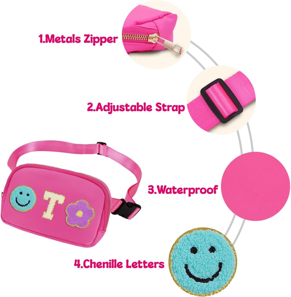 Fanny Pack for Girls Pink Kid Crossbody Bag Chenille T Letter Preppy Belt Bag, Christmas Birthday Easter Gifts for Teen Daughter Sister, Personalized Nylon Purse for 4 5 6 7 8 9 10 Year Old Girls - Image 3