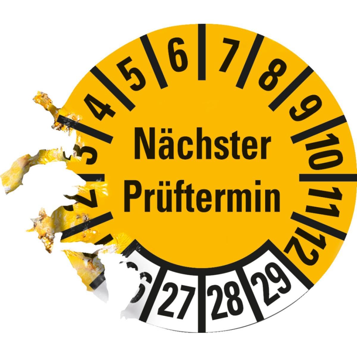 Prüfplakette Nächster Prüftermin 26-29, gelb, Dokumentenfolie, Ø 10mm, 128/Bogen