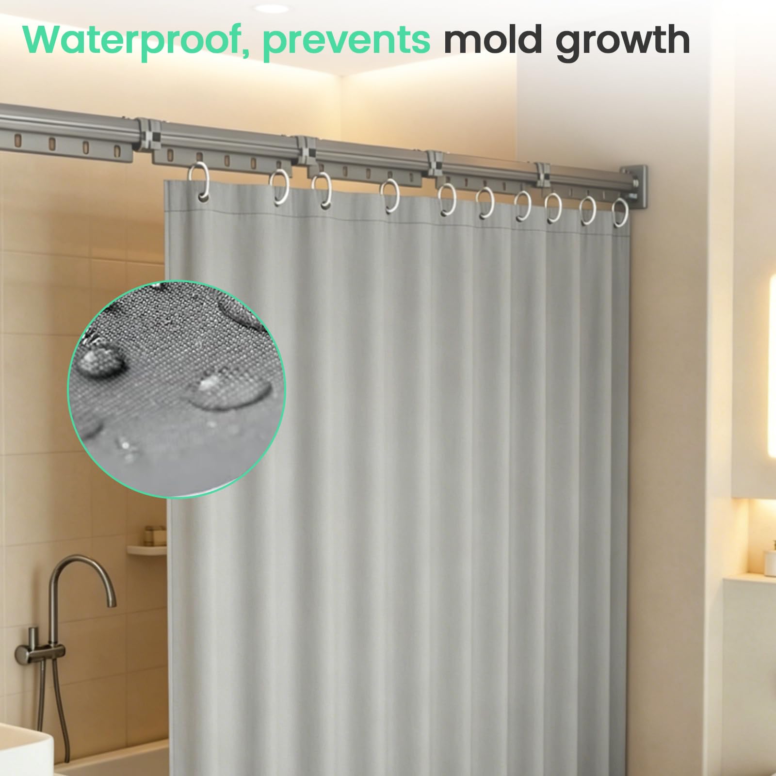 Rideau De Douche Sans Perçage Avec Ventouse, Forme L/U, 5 Plis, 1,8 x 2 m | Ventouse Puissante,Tringle Rideau Douche Pliable Anneaux Pour Douches D'Angle,Barre Douche Angle RéGlable/Extensible Gris