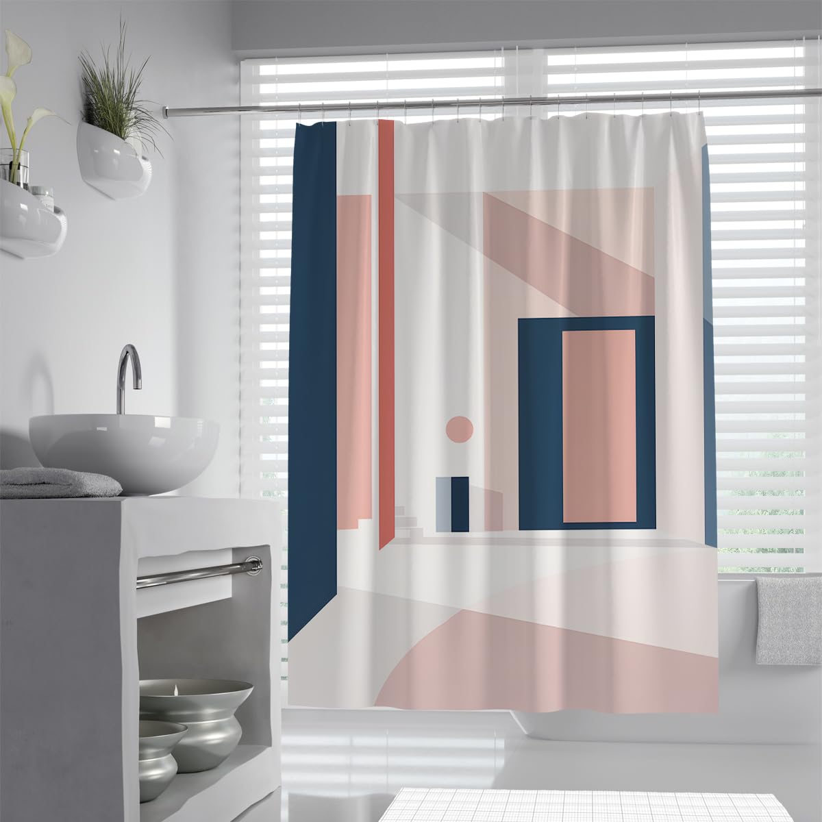 UIRINGART Abstract Shower Curtain W150xL200cm Geometric Door Pink Wall Art Mildew Resistant Quick Drying Polyester Fabric Lightweight Bathroom Bathtub Curtains