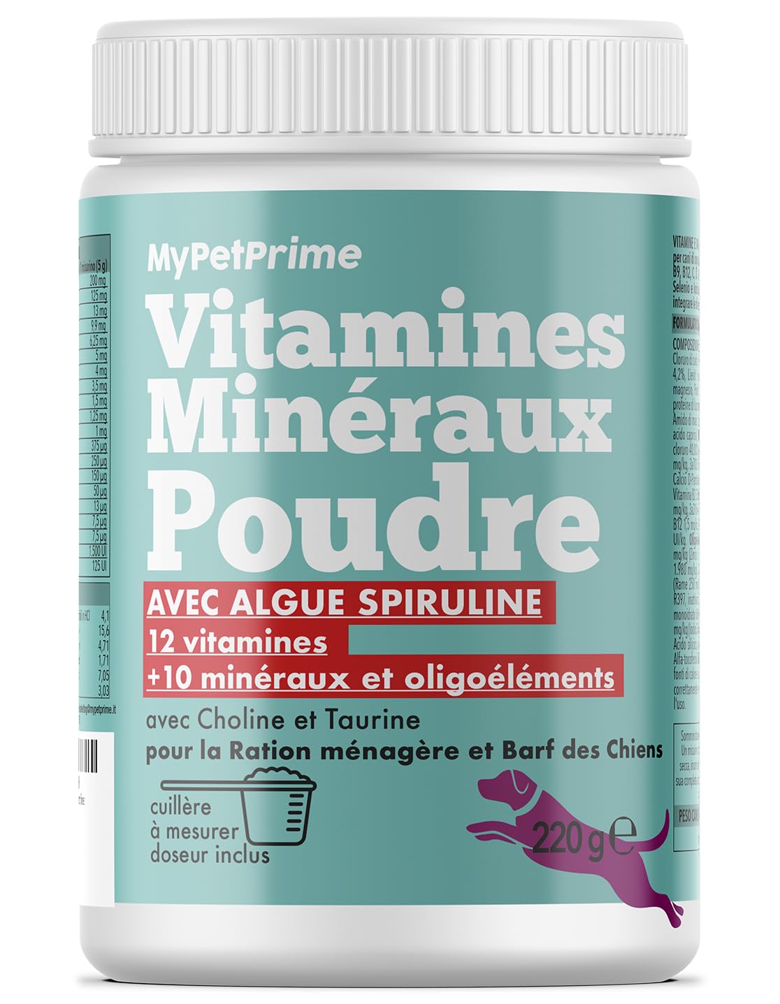 Multivitamines pour Chiens | Équilibre la Diète Maison et Barf | 12 Vitamines + 10 minéraux | avec Algue Spiruline | en Poudre | 220g