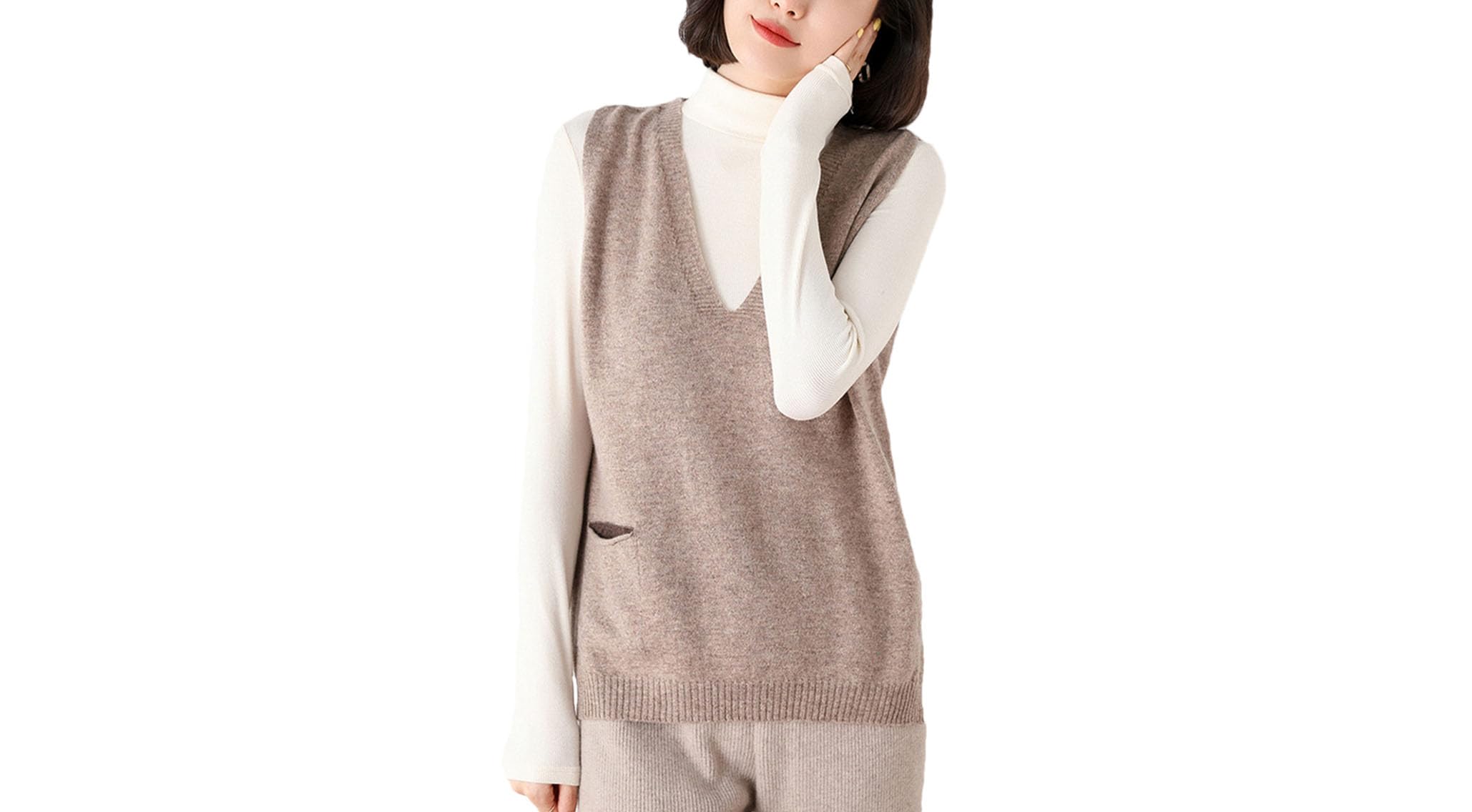 Chaleco de lana con cuello en V para mujer, sin mangas, casual, suéter de punto liso, suéteres sin mangas