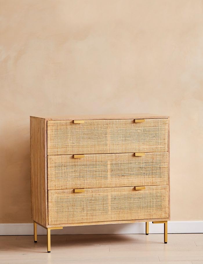 Image of Chuck Rattan Chest of 3 Drawer for Home & Office |Cane Storage with 3 Drawers | Mango Wood,|Ideal for Home Decor