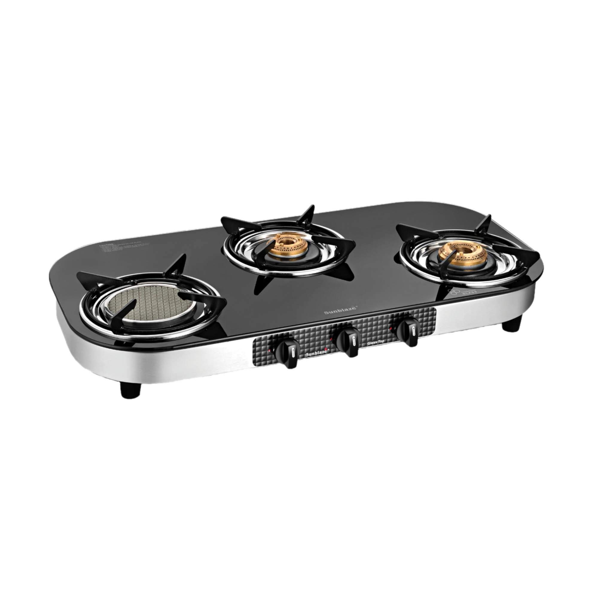 Sunblaze ISI Approved Free Home Service Elegante SS Glass Top 3 Infrared Brass Burner Gas Stove Manual Ignition Removable Drip Tray for Your Kitchen, Black