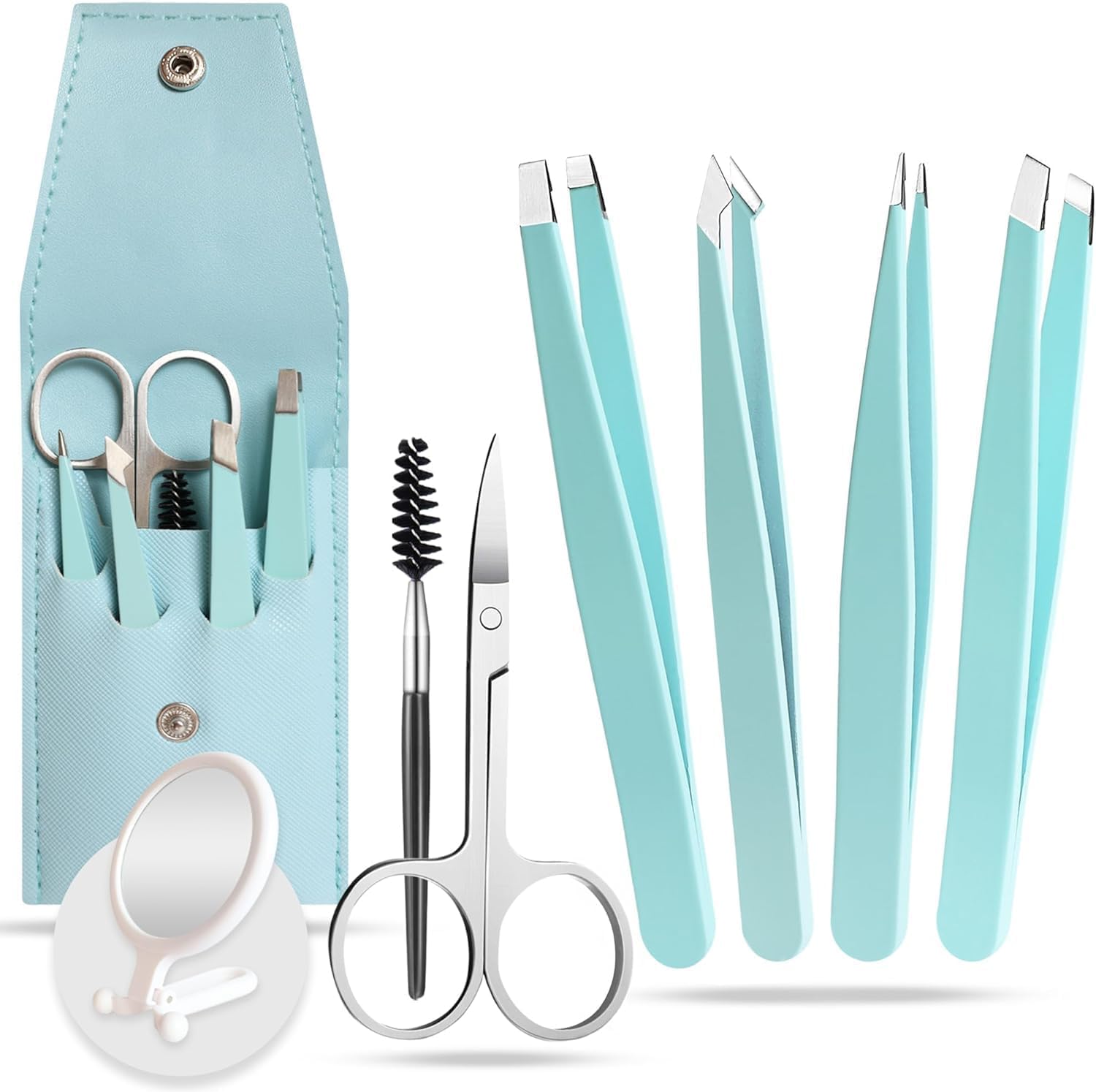 Pinzas cejas, pinzas depilar profesionales, con espejo aumento x10, Set 4 tipos pinza depilar, un cepillo cejas y tijeras cejas. Regalo pareja, Pinzas cejas profesional, Pinza ceja Pinzas de depilar.