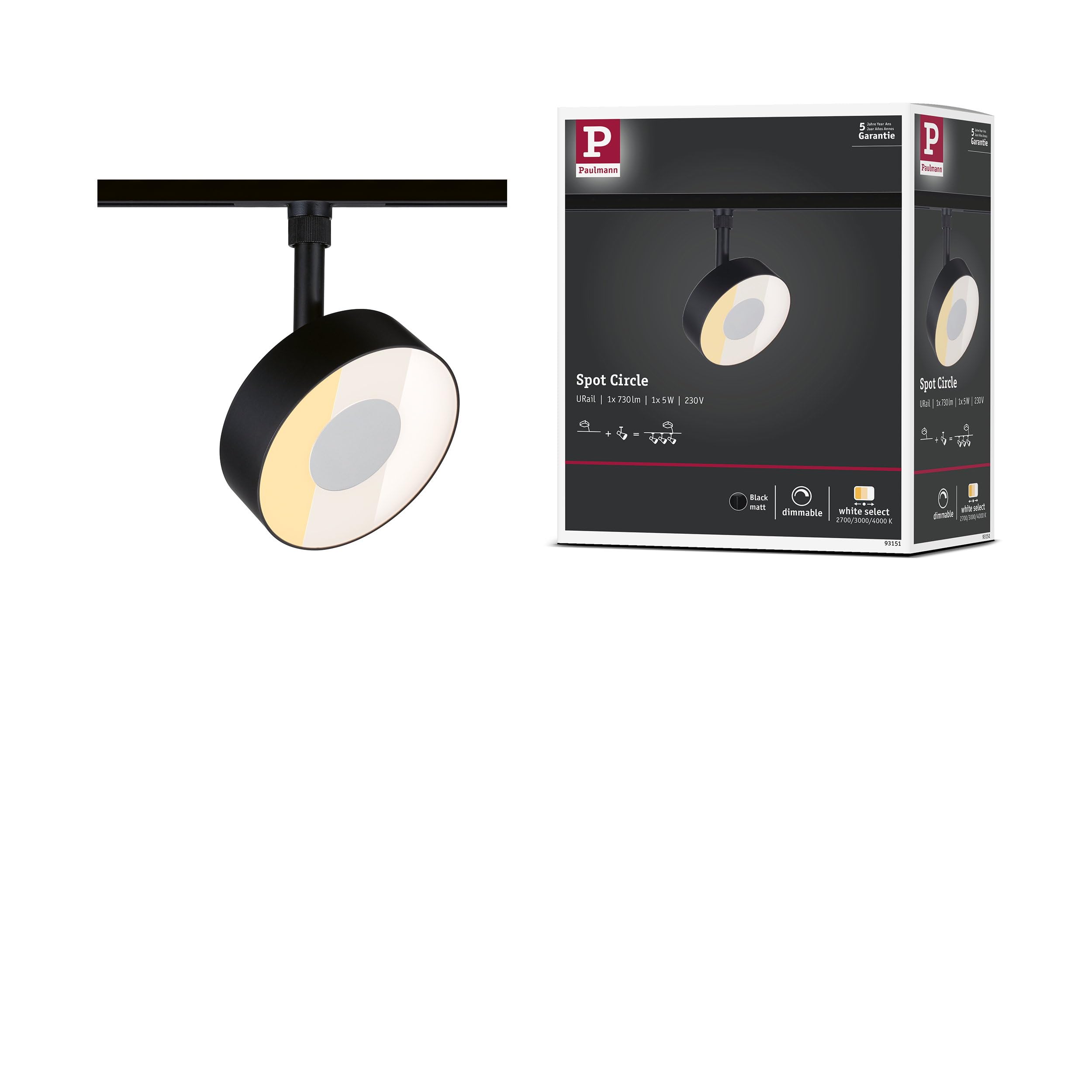 Paulmann URail Spot sur rail Circle 160lm 5W 2700-4000K 230V noir mat 93151