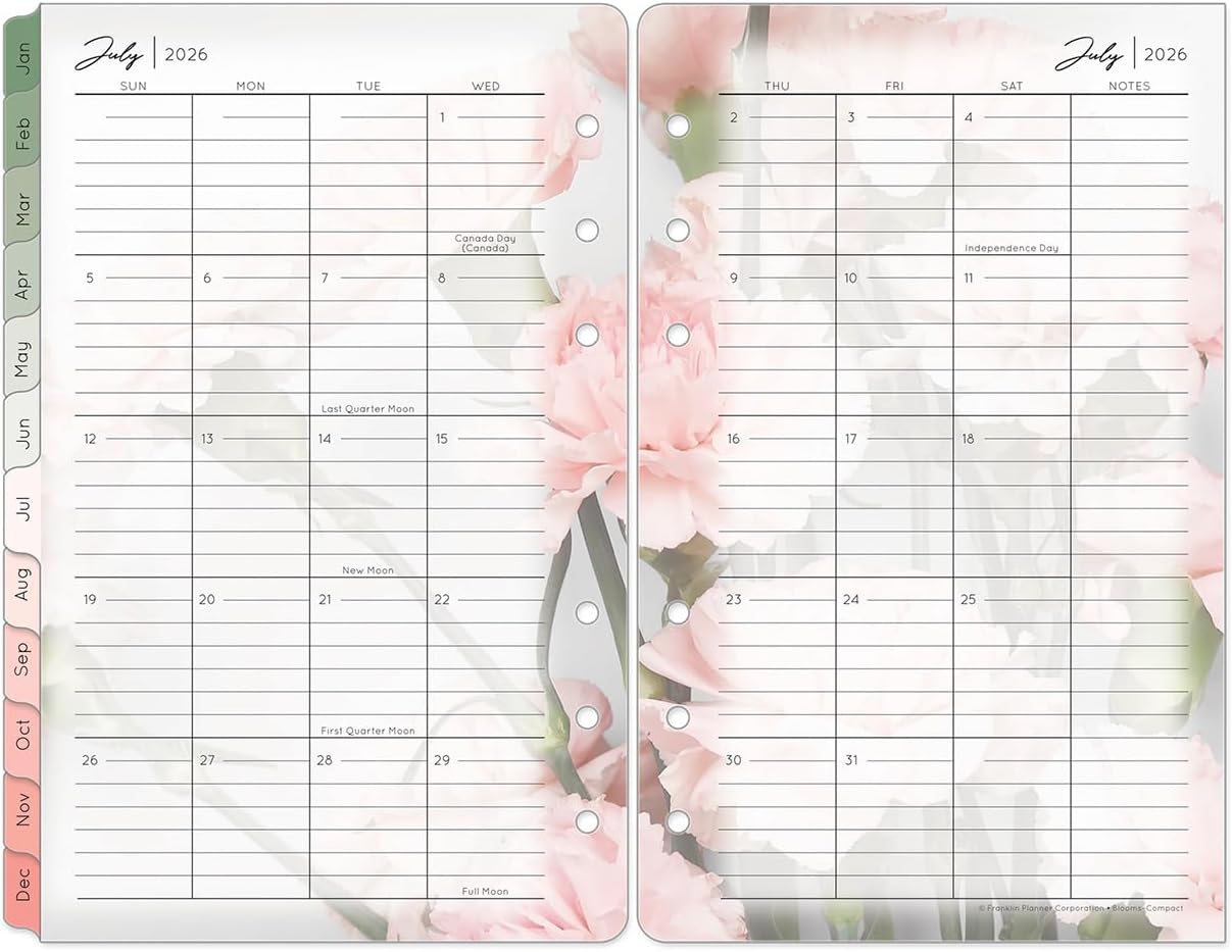 FranklinCovey - Blooms Two Page Monthly Calendar Tabs for Ring-Bound FranklinCovey Planners (Classic, Jan 2026 - Dec 2026)