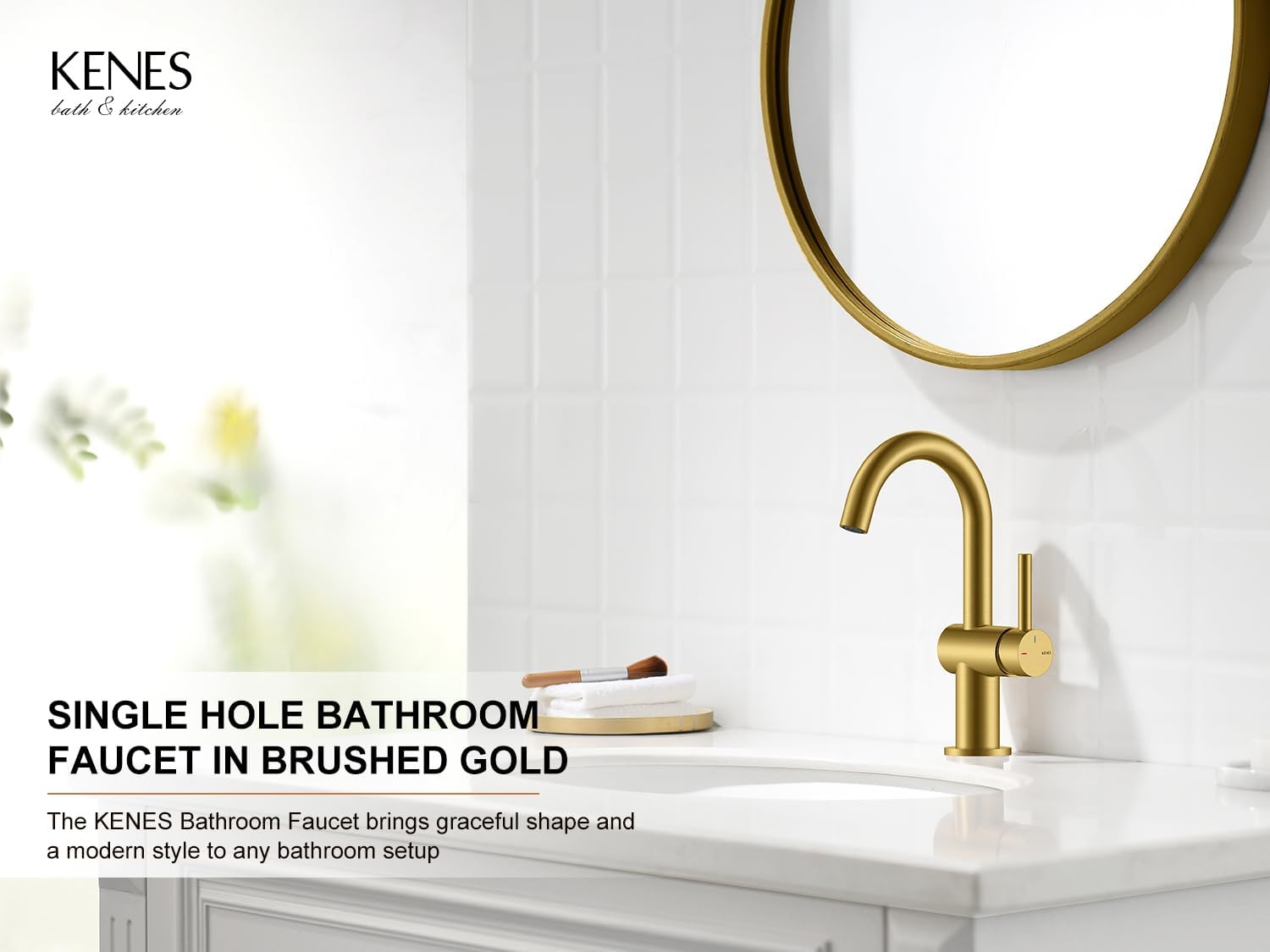 KENES Brushed Gold Single Handle Bathroom Faucets Modern Prep Wet Bar Sink Faucets Bathroom Sink Faucet with Drain Assembly & Deck Plate, Farmhouse RV Camper Outdoor Utility Faucet, KE-9005B-4