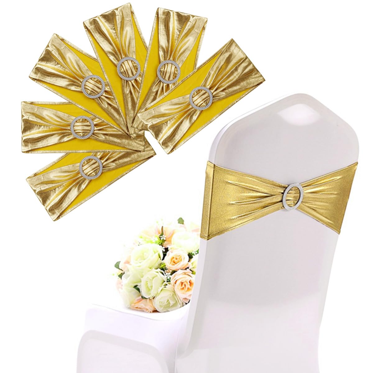 SamHeng 6 Piezas Funda de Silla Lazos, Brillante Bandas Metálico Funda para Silla con Deslizador de Hebilla, Universal Bandas Elásticas de Sillas para Boda Fiesta Decoración de Banquetes (Oro)