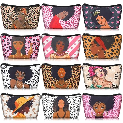Mumufy 12 Pcs Black Women Makeup Bag African American Cosmetic Bags for Women Queen Toiletry Zippered Canvas Black Makeup Pouch Reusable Gifts Traveling Cosmetic Organizer