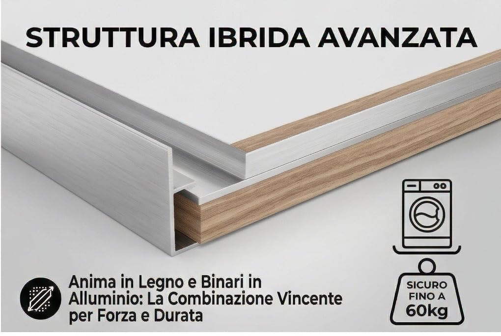 Ripiano Estraibile per Lavatrice e Asciugatrice 60x60 cm – Supporto Intermedio Salvaspazio con Binari in Alluminio, Piedini Antivibrazione, Cinghia di Sicurezza – Piano Piegabiancheria Robusto