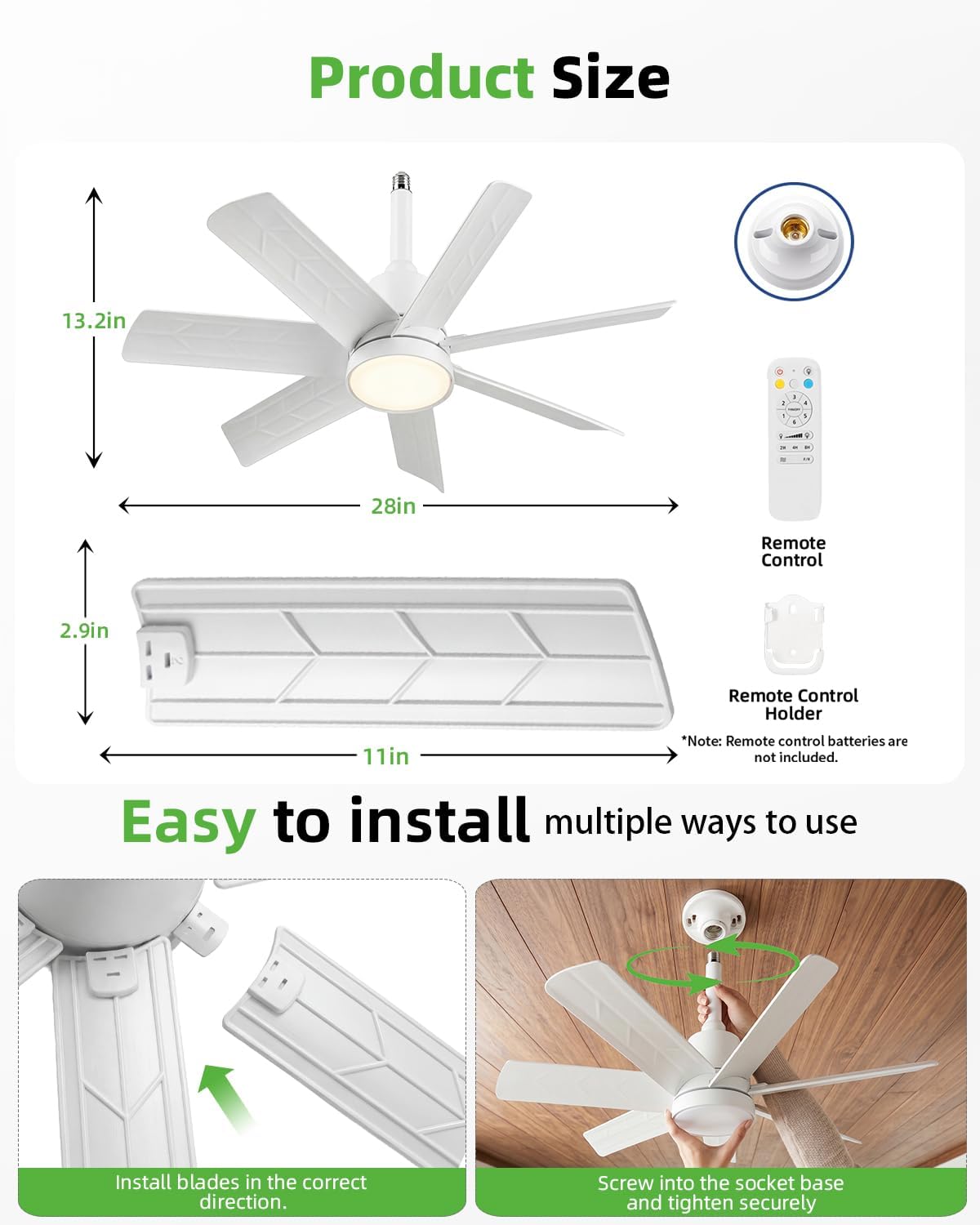 28 Inch Socket Fan Light with Remote Control, Screw in E26/E27 Ceiling Fan with LED Light, 3000-6000K Dimmable Color Temp, 6 Speeds, Timer, for Bedroom Kitchen Living Room Garage, White image 2