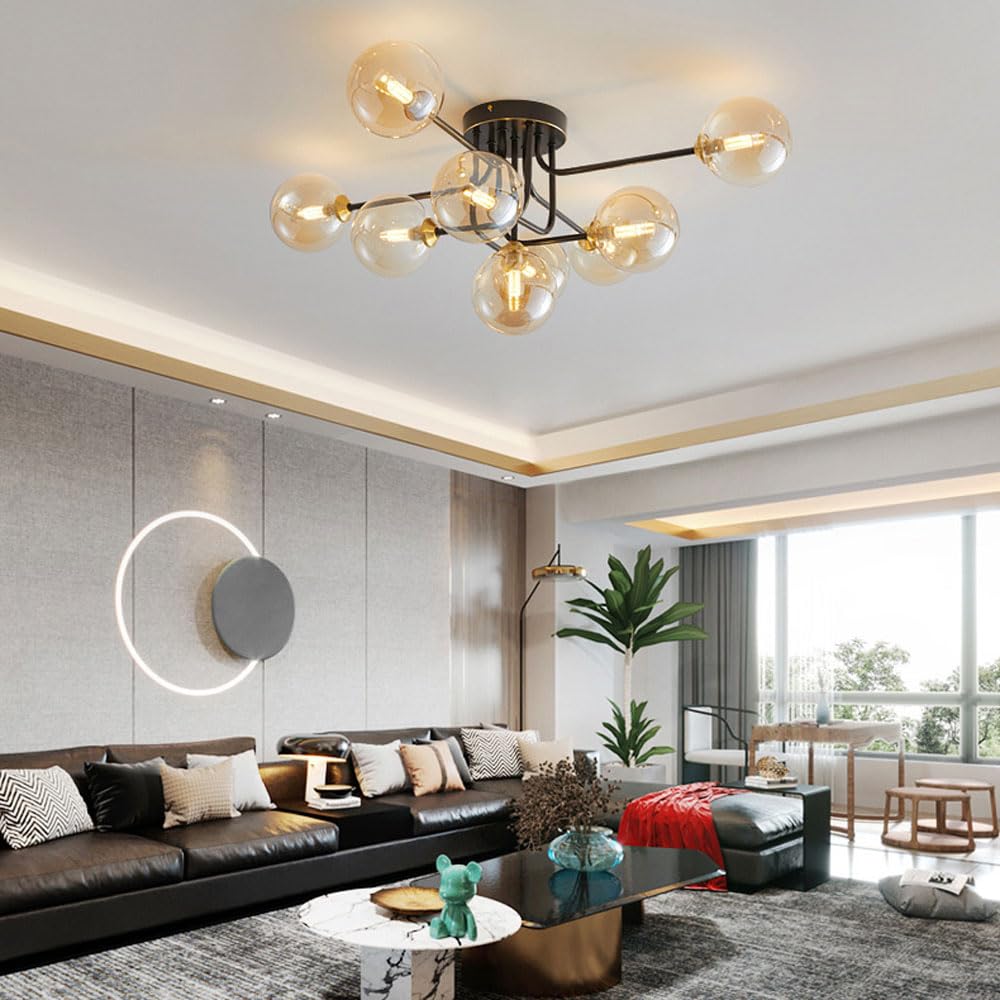 Półwpuszczana lampa sufitowa ze szkła w stylu Mid-Century Modern, 5 świateł, czarny mosiądz, styl Sputnik, SXSHEYS, oświetlenie w stylu vintage do przedpokoju.