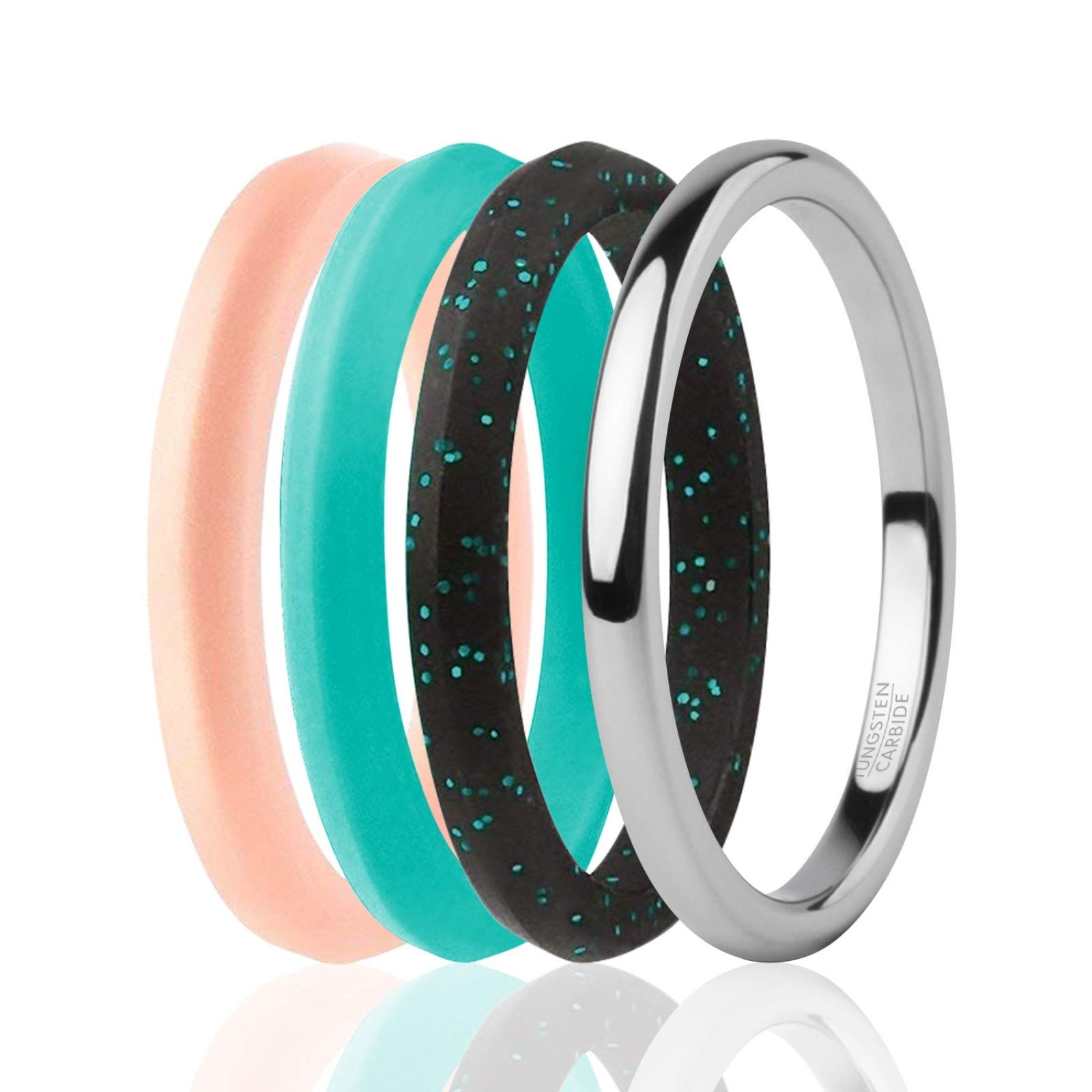 ROQ Silicone Rubber Wedding Ring for Women, Rubber Silicone Wedding Band, Bridal Jewelry Set, Anniversary Rings, Promise Ring, Tungsten Carbide & Classic Stackable Silicone Ring Set, 2mm Wide 2mm Thick, 4 Pack, Black, Turquoise, Rose Gold, Silver, Size 6