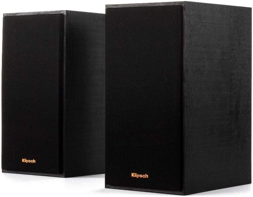Klipsch R-41PM speakers with their protective grilles attached.