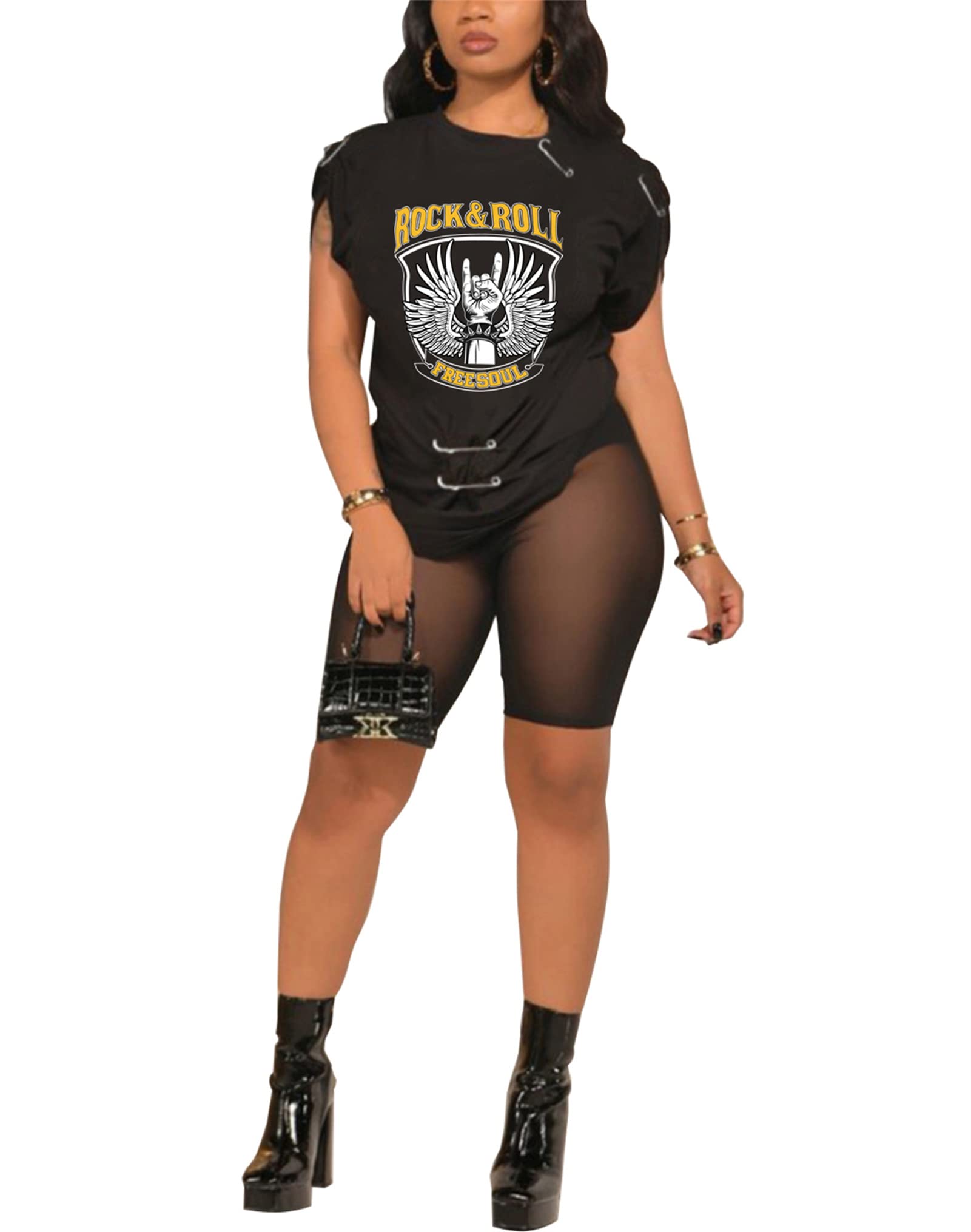 Atyfuniby Womens Sexy Two Piece Outfits Printed T Shirts Blouse and Mesh See Through Skinny Shorts Sets