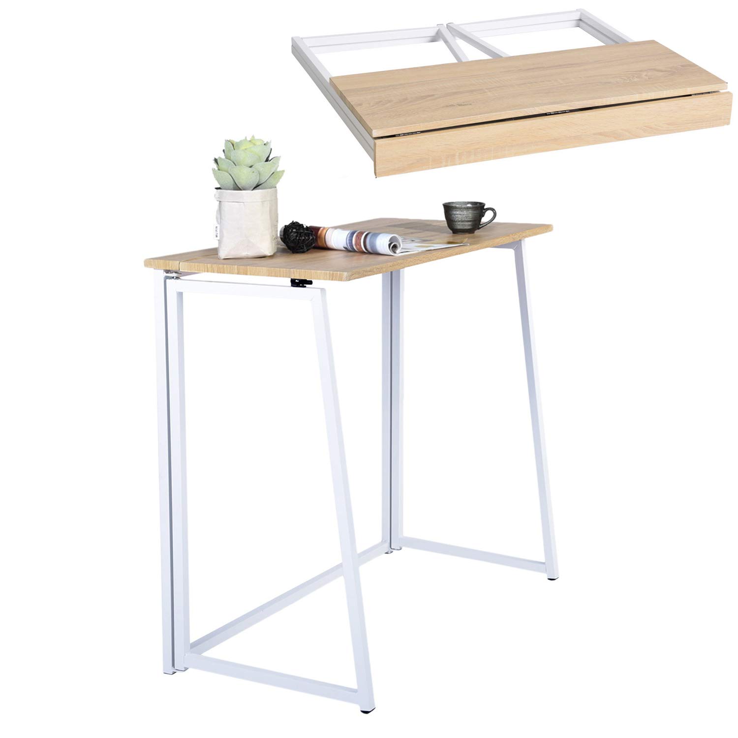 MEUBLE COSY Tavolo Pieghevole Scrivania Portatile Postazione di Lavoro per Computer Soggiorno Ufficio Piccoli Spazi, Facile da Montare, Struttura in Metallo, Rovere e Bianco