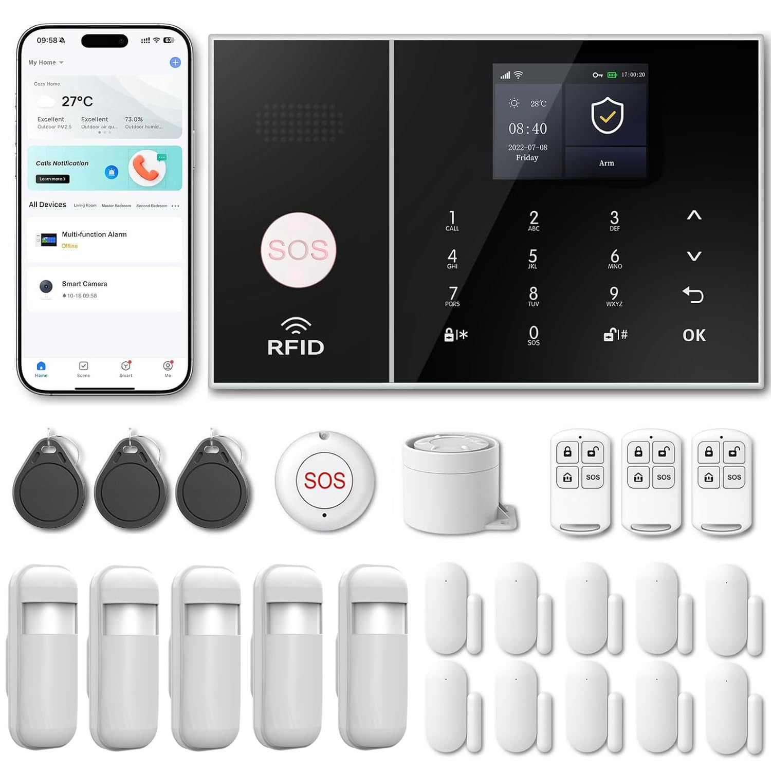 Sistema de Alarma para casa con WiFi + 4G gsm, Kit Alarma casa sin cuotas, notificaciones por App, Llamadas y SMS, Ampliable inalámbrico Compatible con Alexa y Google Assistant (Kit de 24)