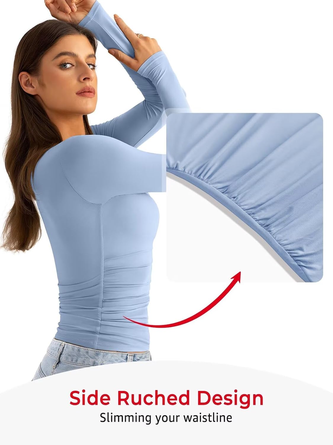 Womens Double Lined Long Sleeve Shirts Crewneck Ruched Top Tight Fitted Basic Tee Fall Going Out Outfits 2026 - Image 3