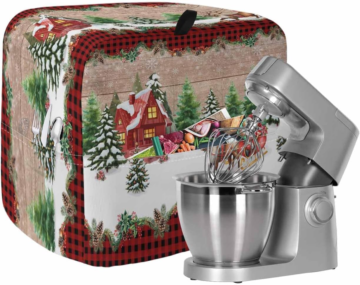 Stand Mixer Cover with Storage Pocket,Christmas Tree Waterproof Kitchen Mixer Covers,Santa Claus Reindeer Forest Buffalo Plaid Brown Wood Kitchen Appliance Dust Cover Compatible with4/4.5 Quart Mixers