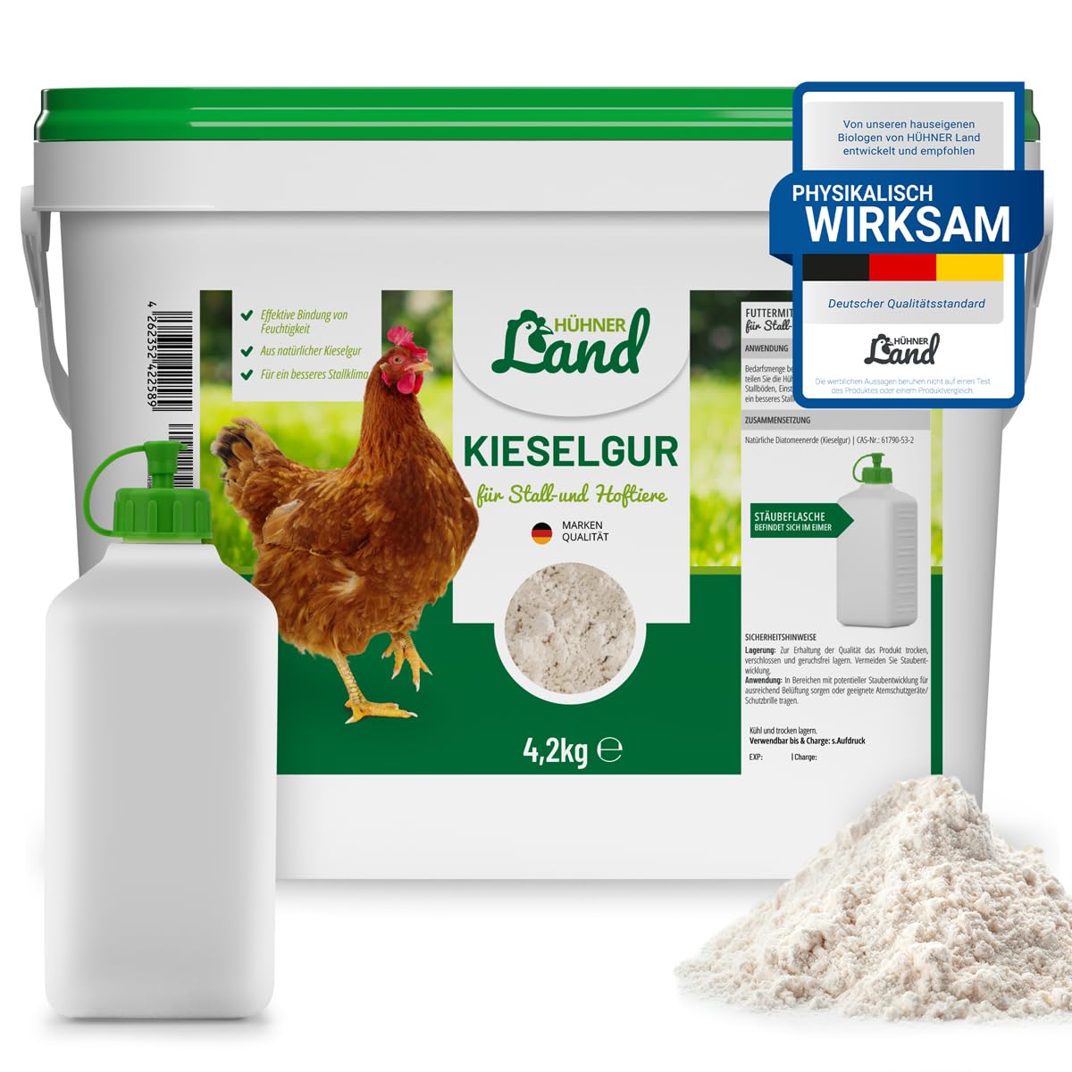 HÜHNER Land Kieselgur für Hühner 4,2kg INKLUSIVE Stäubeflasche - Reines Kieselgur Hühner Pulver, Kieselerde Pulver, Naturprodukt für Hühnerstall