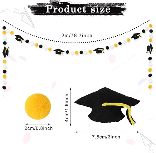 Miniatura 2 de Whaline Guirnalda de bola de fieltro 3D con gorro de graduación 3D, guirnalda de pompones para la clase de 2025, adornos colgantes de