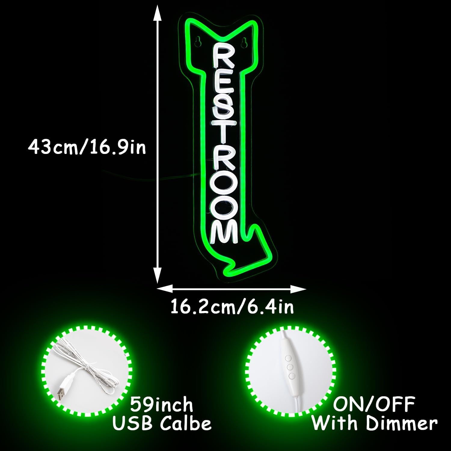 Restroom Neon Sign for Wall Decor Toilet Neon Light Arrow Led Neon Signs White Green LED Neon Lights Bathroom Led Sign for Restroom Hotel Bar(Right Arrow)