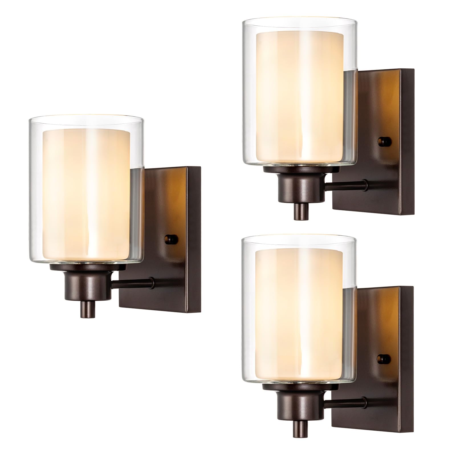 3 Pack Bath Vanity Light Fixtures 1-Light, Indoor Oil Rubbed Bronze Wall Light with Dual Glass Shade, Farmhouse Bathroom Wall Scone, Vintage E26 Bese Wall Mount Lighting