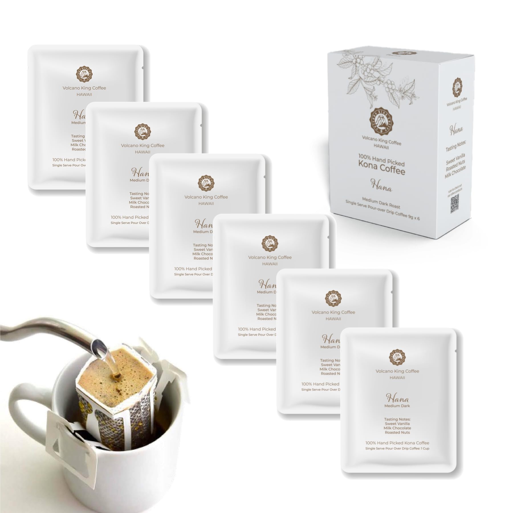 100% Hand Picked Kona Coffee From Hawaii. Convenient Single Serve Pour Over Drip Coffee Pack. Sustainably Grown And Roasted In Our Kona Farms. 6 servings per box. Hana