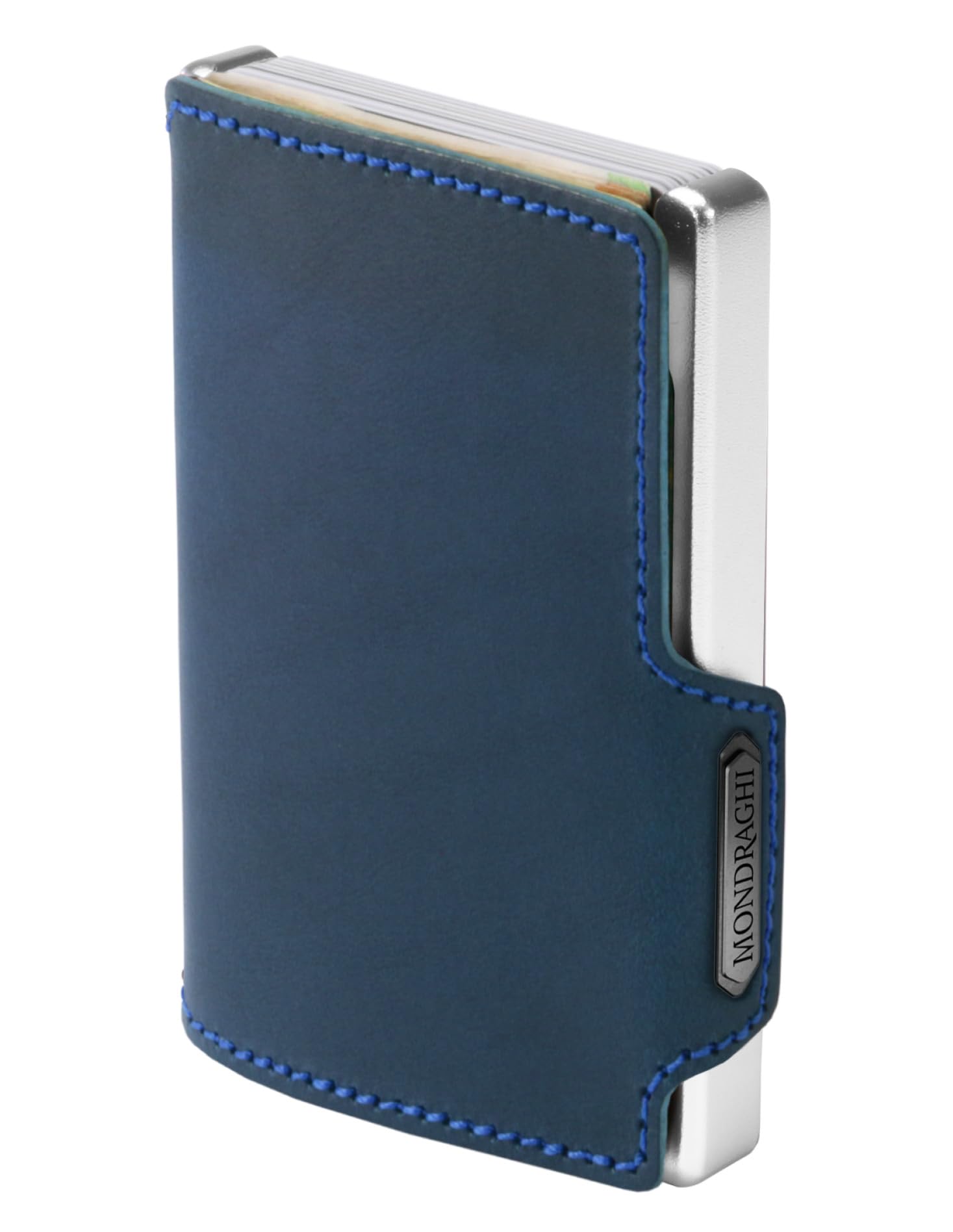 MONDRAGHI® Mini-Wallet. Ultraleichte Geldbörse mit Narbenleder. Kleiner Geldbeutel mit RFID-Schutz-Chip - Kartenetui mit Leichtmetallrahmen | Elegance Blu