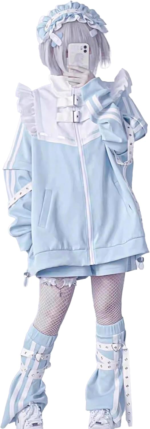 Light Blue Mine Subculture Set Harajuku Hoodie, Cyber Y2K Style, Blue Varsity Jacket, Baggy Jacket, Japanese Streetwear for Women with Zip-up, Ruffle Jackets, and Leg Warmers Light Blue Mine Subculture Set Harajuku Hoodie, Cyber Y2K Style, Blue Varsity Jacket, Baggy Jacket, Japanese Streetwear for Women with Zip-up, Ruffle Jackets, and Leg Warmers