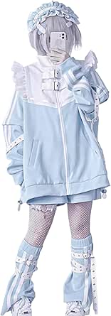 RomelCheo Light Blue Mine Subculture Ensemble Sweat à Capuche Harajuku, Style Cyber Y2K, Veste Universitaire Bleue, Veste Baggy, Vêtements De Rue Japonais Pour Femme Avec Fermeture éclair, Vestes à