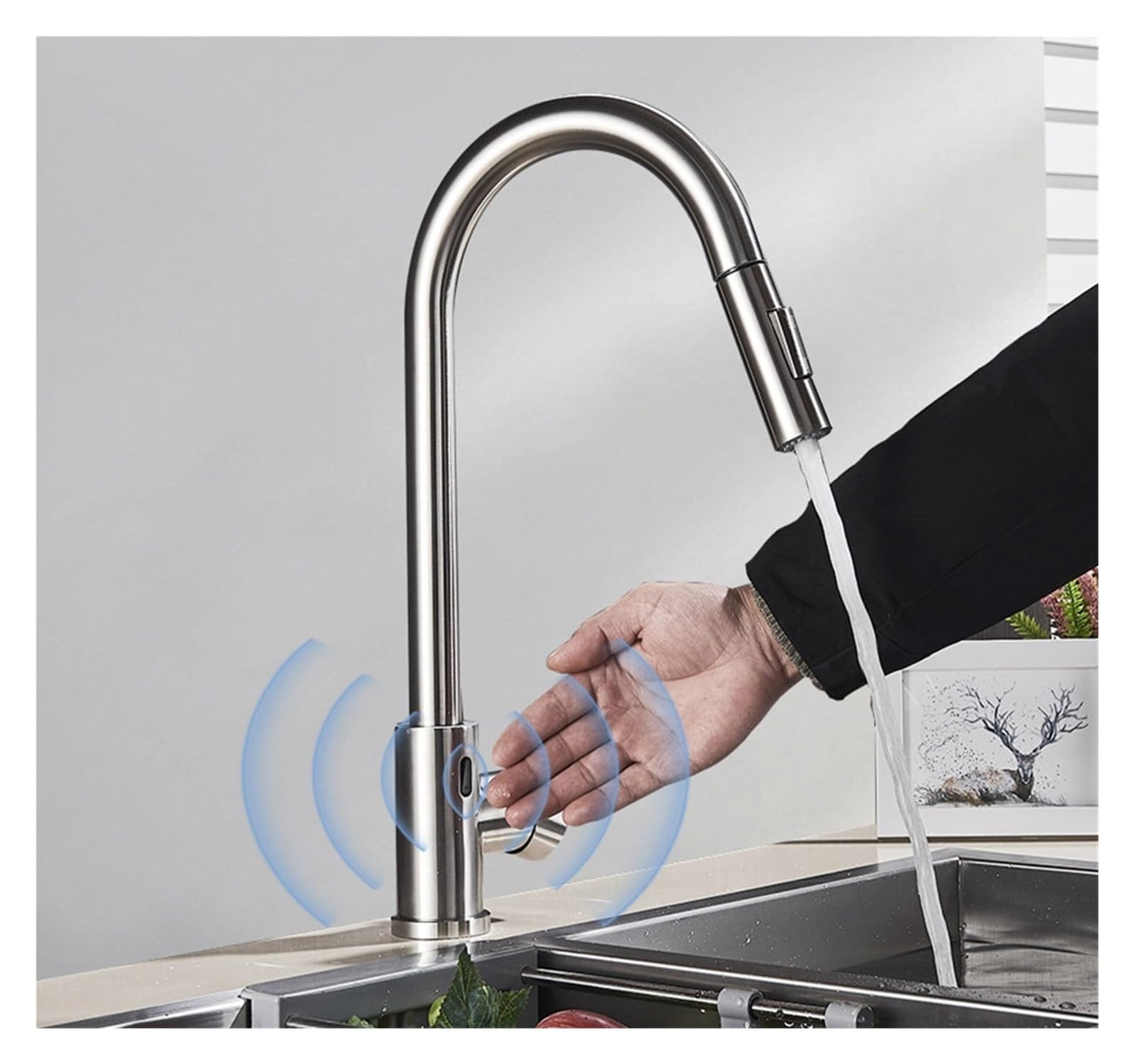 Robinet mitigeur de cuisine amovible au fini nickel brossé élégant et moderne pour évier