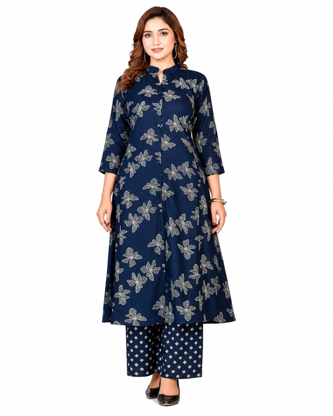Women's Printed Cotton Kurta Palazzo Set | Floral Ethnic Kurti with 3/4 Sleeves | Straight Fit Traditional Indian Wear for Casual, Office, Festive & Daily Wear-picture-53