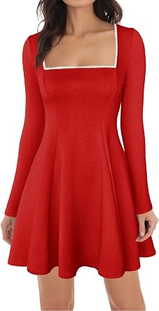 Lrady Womens Square Neck Bodice Dress Long Sleeve Flare A Line Club Party Mini Ruffle Swing Short Dresses