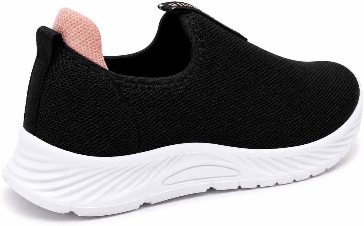 Tênis Feminino Slip On Preto com Rosa Bebê Leve e Confortável Tecido Respirável Sem Cadarço Ideal para Caminhada Academia Trabalho e Dia a Dia