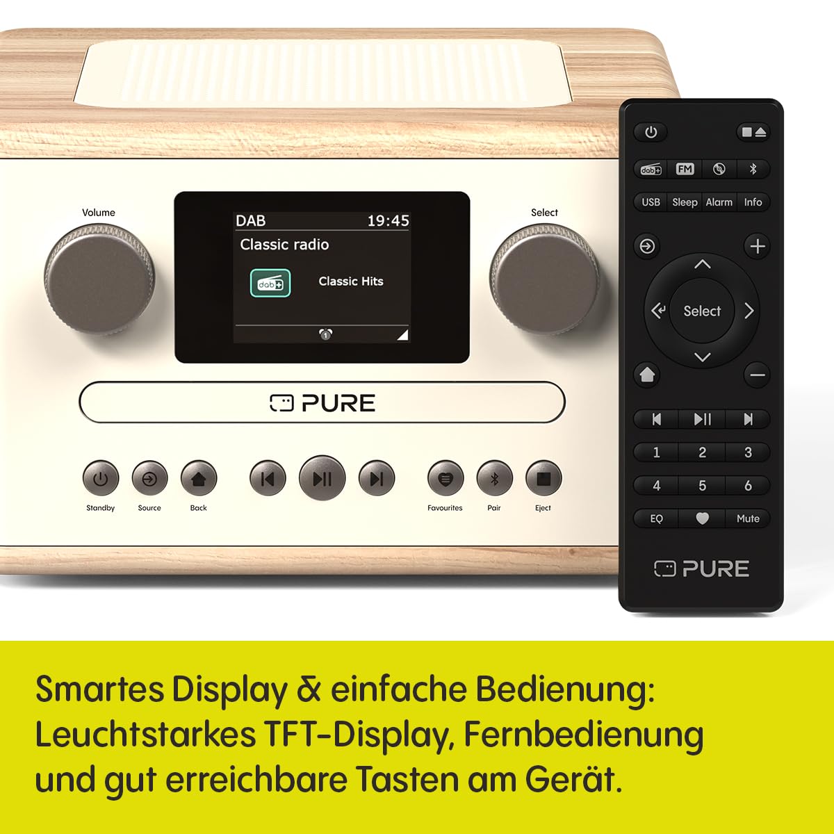Pure Classic C-D4 – DAB+ & UKW Radio mit CD-Player, Netzbetrieb, Bluetooth 5.3, USB & AUX, Farbdisplay, 15 Watt Lautsprecher, Dual-Wecker, Fernbedienung – Cotton White/Oak
