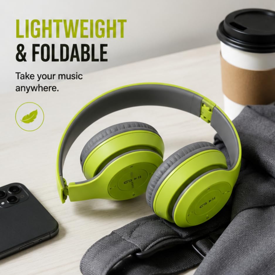 Image of P0047 Wireless Bluetooth Headphones with Deep Bass, Foldable Design, Built-in Microphone, Adjustable Headband, Noise Isolation, Stereo Sound for Mobile, Laptop & Tablet (Multicolour). (Green)