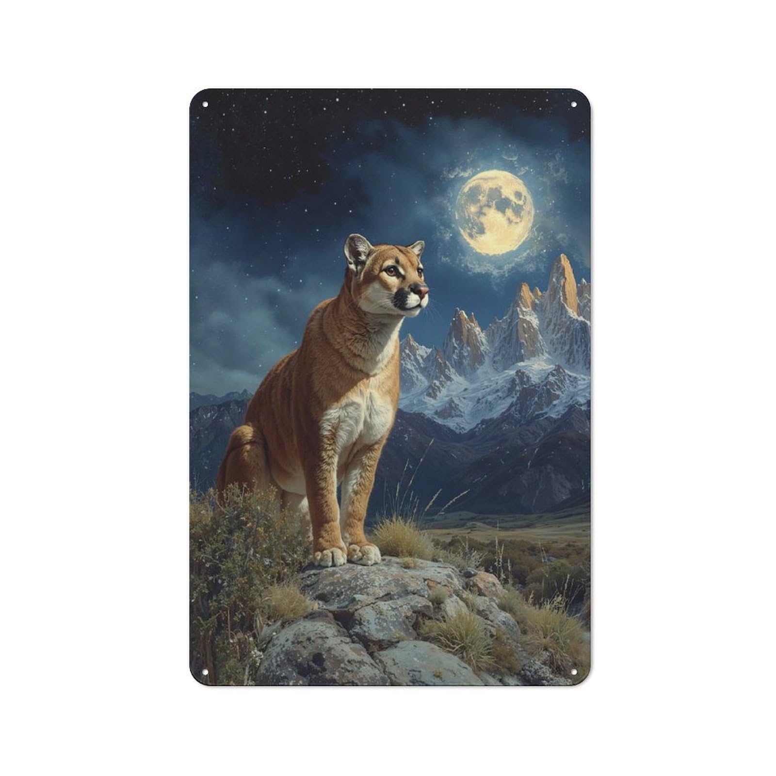 Junmoney Style-11 Cougar Under The Moonlight Vintage Metal Plaque 30X20cm For Hobby Room Or Studio, Suited To Hobby Room Decor Fans
