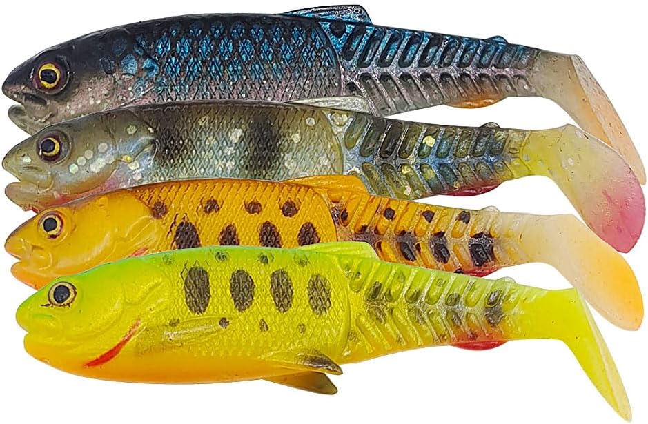 Algasan Soft Lure 4 Mixed Colors Fishing Soft Plastic Lure Kit - 4 Pieces - T-shaped Tail - Realistic 3D Eyes - Suitable for Sea, Shore, Rivers & Reservoirs