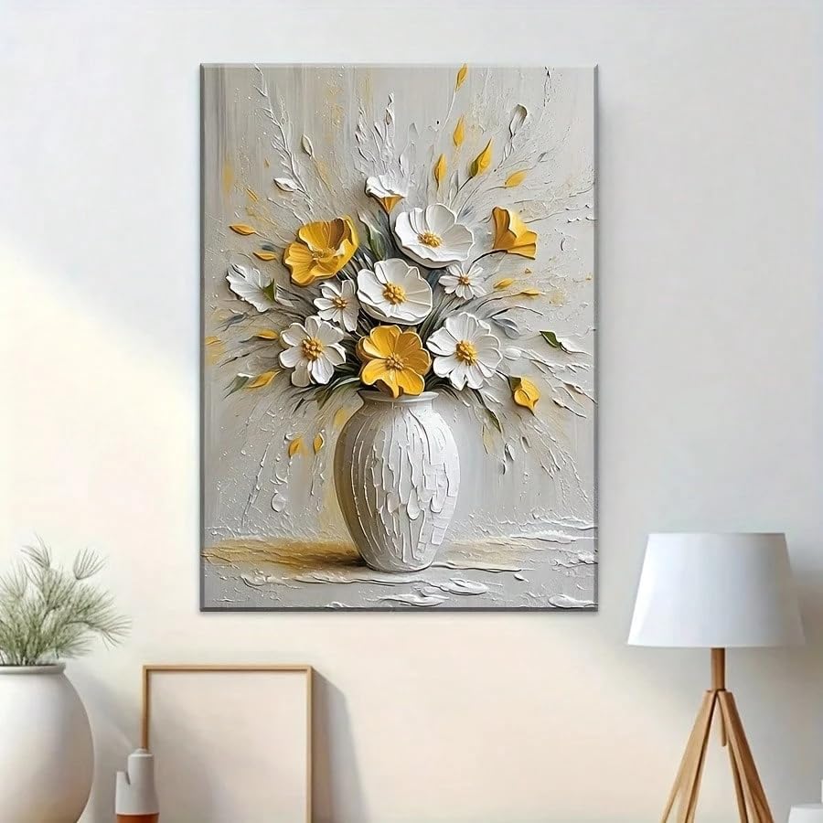 Tableau sur toile fleurs blanches et jaunes 60x90 décoration murale salon