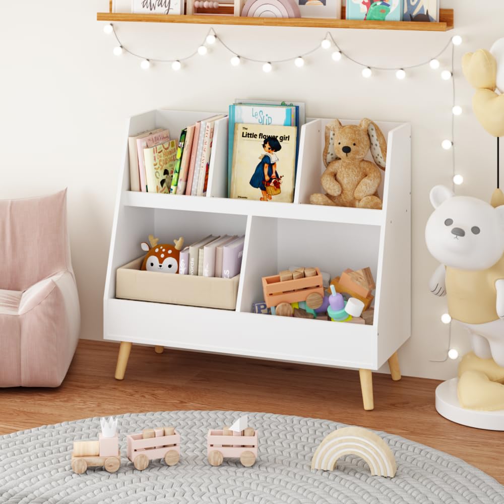 Kids Bookshelf and Toy Organizer with 5 Open Cubbies and 2 Large Storage Bins – Modern Wooden Bookcase for Nursery, Bedroom, Living Room or Classroom