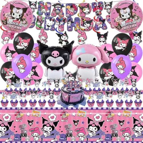 52PCS-Kuromi Birthday Party Supplies Party Decorations Set Include Banner Balloons Hanging Swirls Cake Cupcake Toppers Tablecloth for Girls Kuromi Theme Party..